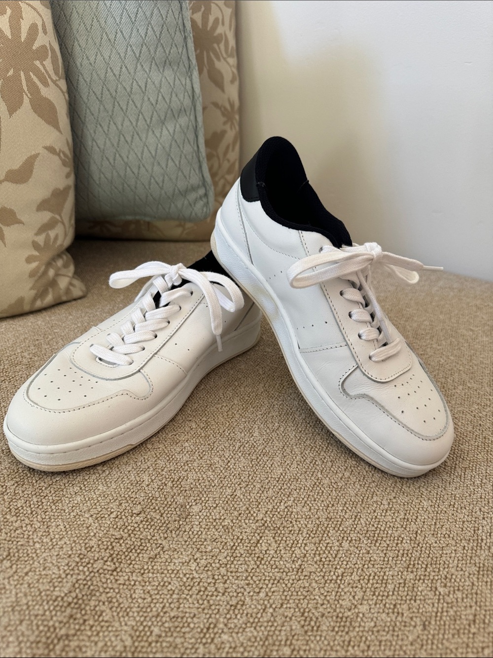 PAIGE Remy White Leather Sneakers with Black Heel Collar